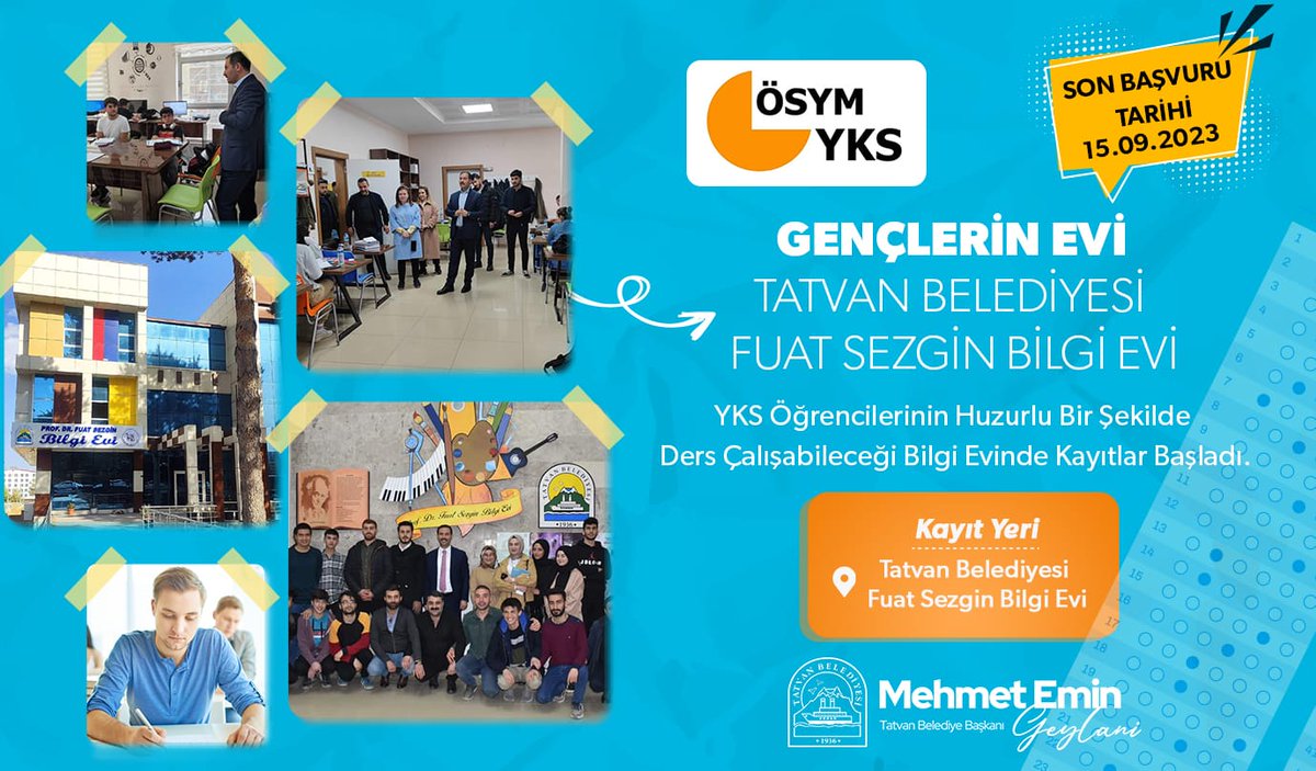 YKS öğrencilerine yönelik ücretsiz kayıtlar başladı.

Öğrencilerin huzurlu bir ortamda ders çalışabilecekleri Tatvan Belediyesi Fuat Sezgin Bilgi Evimizde YKS öğrencilerine yönelik kayıtlar başladı.
<a href="/EminGeylani/">Mehmet Emin GEYLANİ</a>
#GençlerinEvi
#BenimŞehrimTatvan