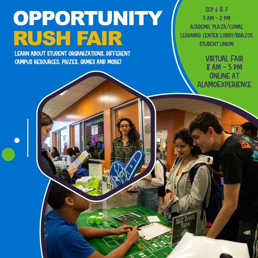 Interested in joining a club or organization? Come to our Organization Rush Fair. Various locations on campus or virtually. Details at  bit.ly/3qKb1w0