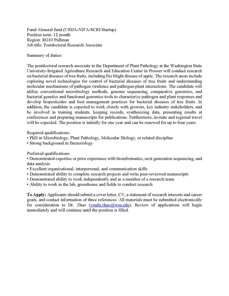 New #postdoc position to conduct research on bacterial diseases of tree fruits is opened in the Department of Plant Pathology at the Washington State University  #plantpathology #plantdisease  #PlantSciJobs #JobAlert