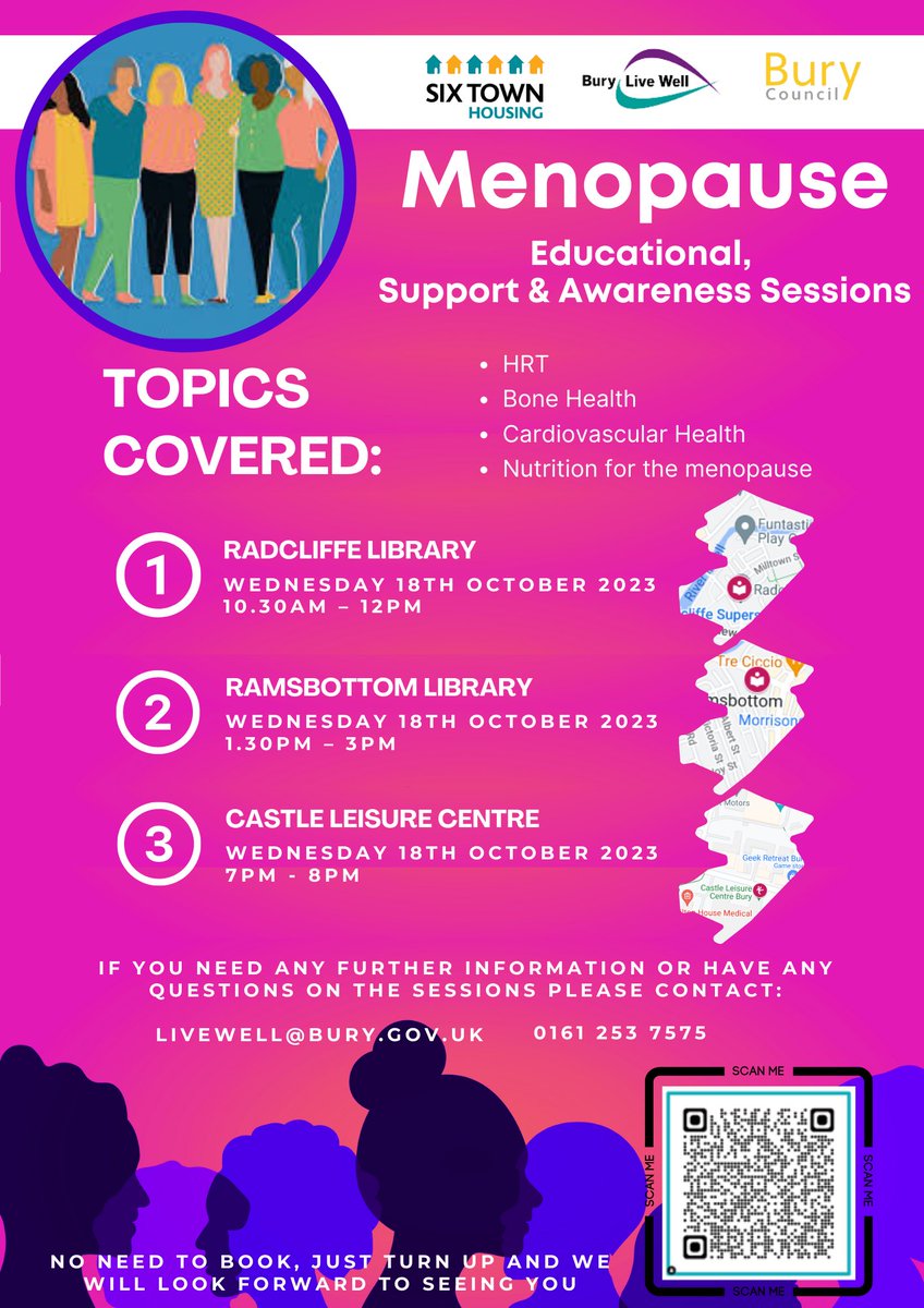 3 sessions across Bury on the 18th October, morning, noon and evening… come and see Shelley <a href="/burylivewell/">Bury Live Well Service</a>⁩ and Jane ⁦@SixTownHousing ⁩ to have positive conversations on looking after our peri and menopausal bodies ❤️

#menopause #menopauseawarenessweek