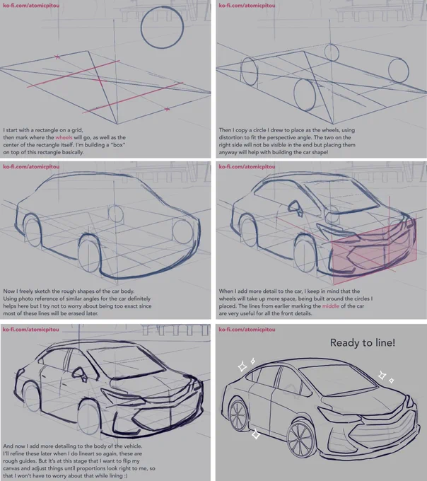 Let's sketch a car! thought it'd be fun to show some process for a sketch. larger images can be seen at the link! 💛
 #wip #KofiChallenge 
 https://t.co/6VKfrHpd8c 