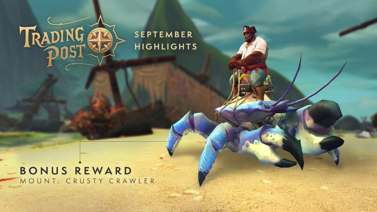 Warcraft's tweet photo. See what the Trading Post has in store for September!

🛡️ Class Transmog Sets
🦀 Crusty Crawler crab mount
✨ Slyvvy astral wyvern pet
🔍 Yellow Tweed Cap appearance
🎉 And More! https://t.co/Tg1LqxfYEd