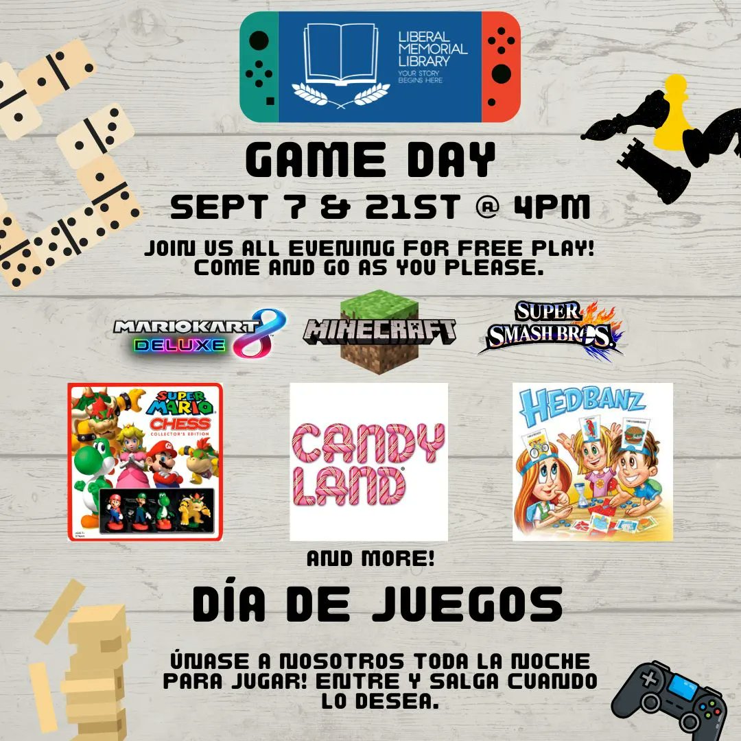 LMlibrary's tweet photo. On Thursday, September 7th and 21st starting at 4 pm, join us to play video games, board games and card games. This event is open to all ages, bring a friend or family member to try out a new game! https://t.co/wBmseuxv8c