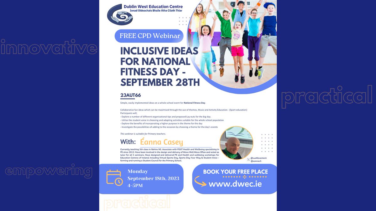 DublinWestEC's tweet photo. Are you ready for National Fitness Day?
Get some easily implemented ideas for a whole school event!
Book today: https://t.co/OYzZ6gXM1e
@LusMovement
@eannac5
#nationalfitnessday #cpdforteachers #primaryteachers #teachersireland https://t.co/bYfZKhTbbG