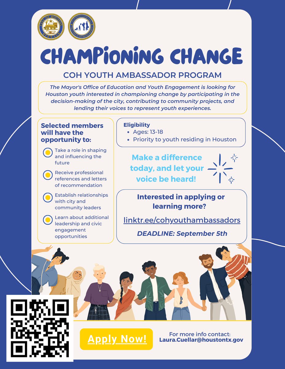 The <a href="/COHMOEDU/">HOU Mayor’s Office of Education & Youth Engagement</a> is looking for resilient and thoughtful leaders (ages 13-18) who are interested in participating in the decision-making of their city, contribute to youth-led projects, and lend their voice to represent youth experience. Learn more at  linktr.ee/cohyouthambass…