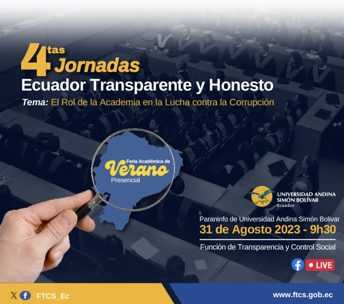 Con foro lleno en la 4ta Jornada por un Ecuador Transparente y Honesto organizado por la <a href="/FTCS_Ec/">Función de Transparencia y Control Social</a> <a href="/lacamaradequito/">Cámara de Comercio de Quito</a> <a href="/ICC_Ec/">ICC Ecuador</a> conversando sobre el Rol de la Academia en la Lucha contra la Corrupción en la <a href="/uasbecuador/">Universidad Andina</a> Debemos promover la #HonestidadCriolla