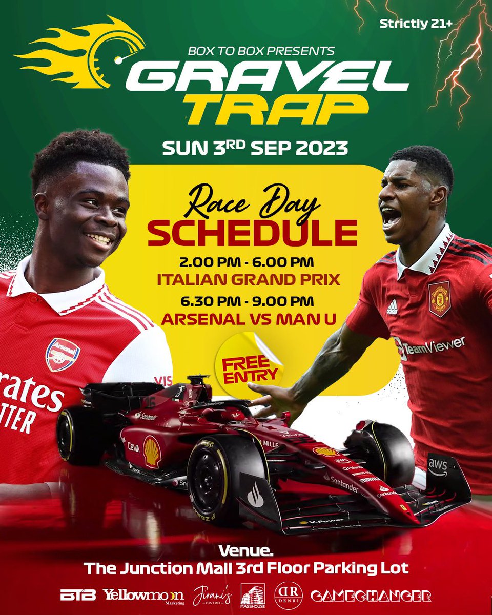 boxtoboxregista's tweet photo. Sunday is a day of sport!! Gravel Trap is happening from 2pm @thejunctionmall!
We have the Italian GP and then immediately after that a small matter to be settled at the Emirates.
Shift Nation will be on location with the best tuned cars in Kenya! #GravelTrap https://t.co/yOyOaS8gRH