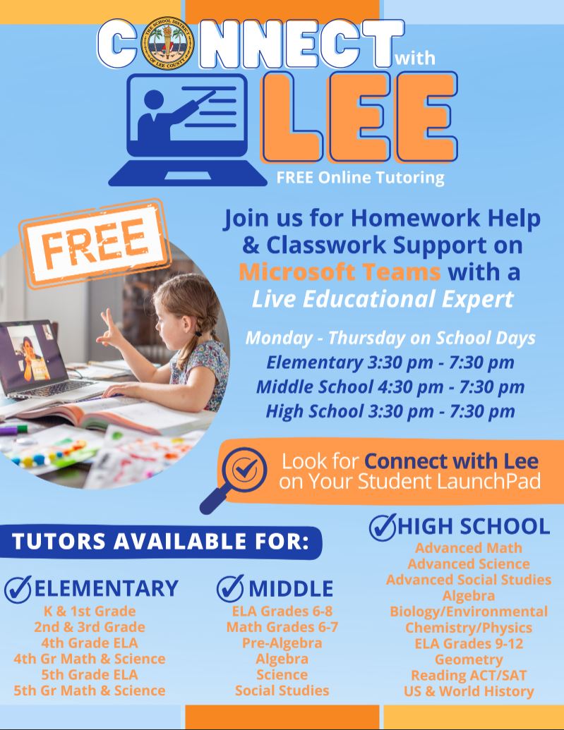 Welcome back students!
If you need help with homework or assignments after school, Connect With Lee is there for you.
Every Monday thru Thursday afternoon when school is in session certified teachers are a few clicks away.
#LoveLeeSchools #Leeschools #schooldistrictofleecounty