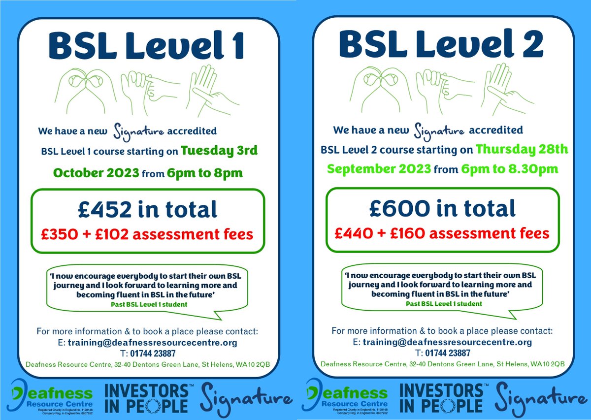 DRCsthelens's tweet photo. We still have places available on our Signature Deaf BSL Level 1 and Level 2 courses!
If you would like to book a place please contact: training@deafnessresourcecentre.org
#BSL #bsllevel2 #bsllevel1 #learnbsl #deafawareness #deaf #signature https://t.co/eKtH6LWTd7