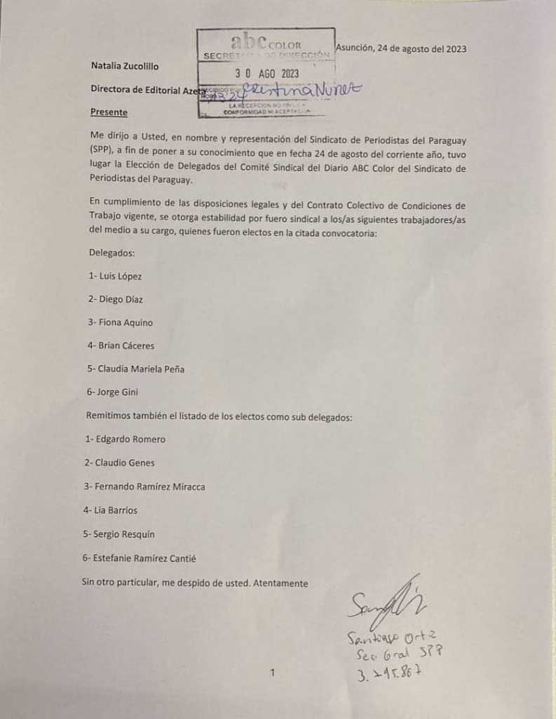El día de ayer se formalizó la presentación de los delegados sindicales del SPP en ABC Color periodo 2023-2024 a la dirección. Los mismos fueron electos en las elecciones del 26 de agosto último.

¡Por la defensa de los derechos de los y las trabajadores y trabajadoras!