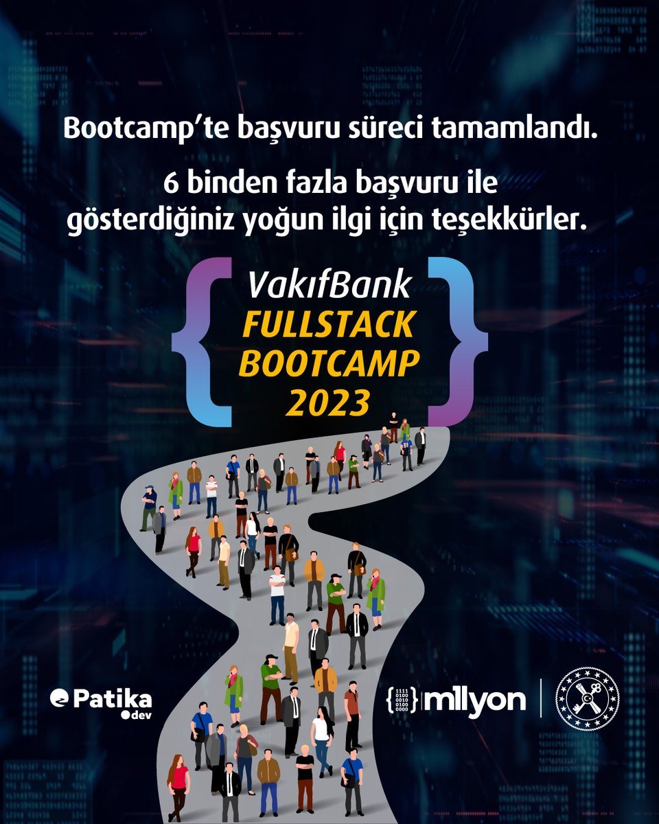 VakifBank's tweet image. 6 binden fazla başvurunun yapıldığı VakıfBank Fullstack Bootcamp’te başvuru süreci tamamlandı. Gösterdiğiniz yoğun ilgi için teşekkür ederiz.  #Bootcamp2023 #DaimaSeninle