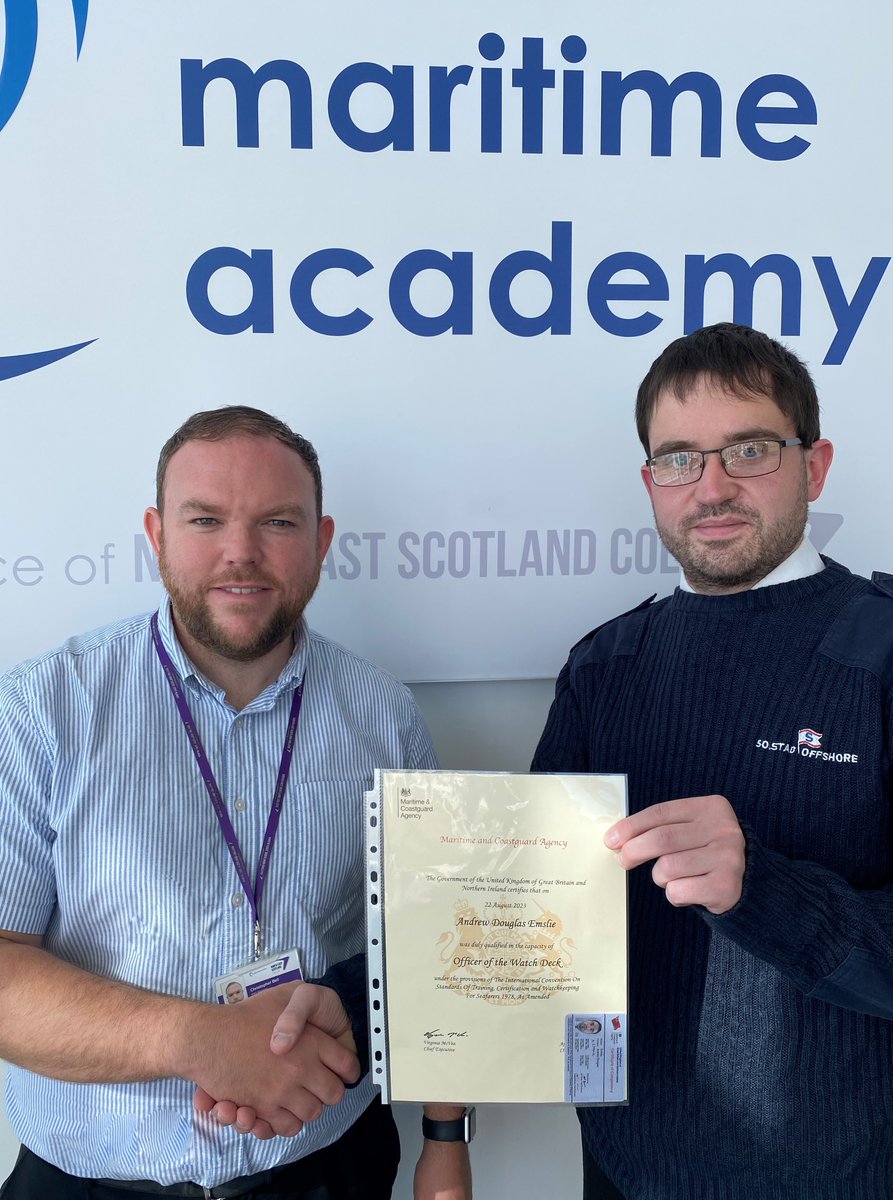 Surprise visit by student Andrew Emslie, who was the first of his class to finish the 3-year Cadetship and is now officially ready to work as a Navigation Officer. Andrew, from Peterhead, is proudly pictured with his new COC alongside SMA Manager Chris Bell. Good luck!!