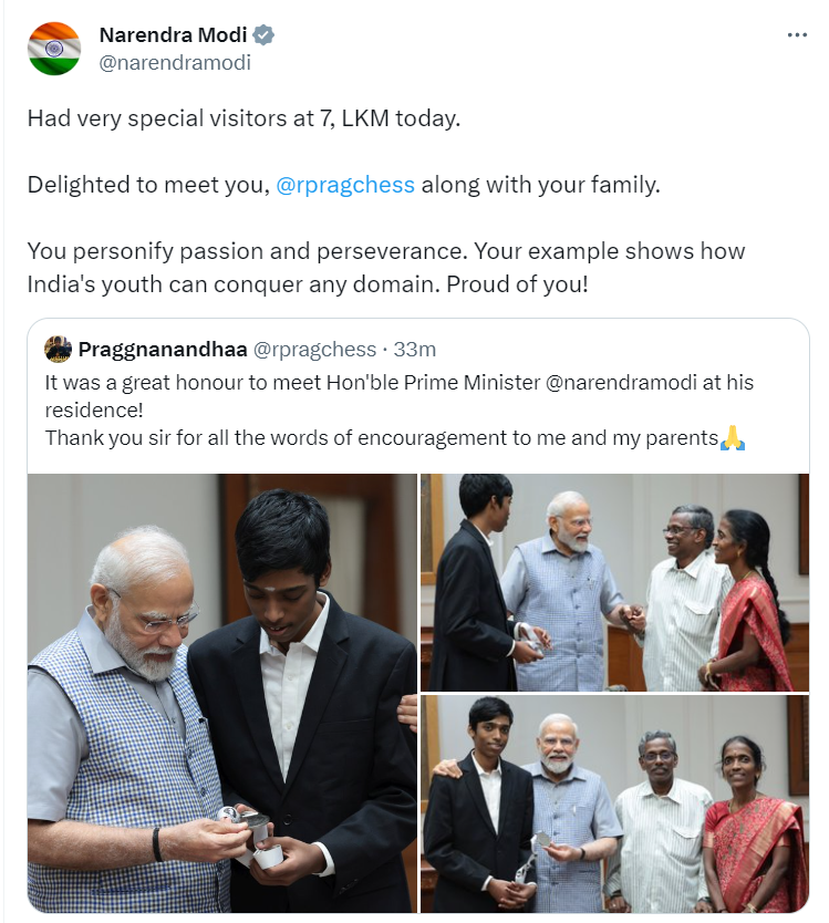 PM Modi lauds Praggnanandhaa for 'remarkable performance