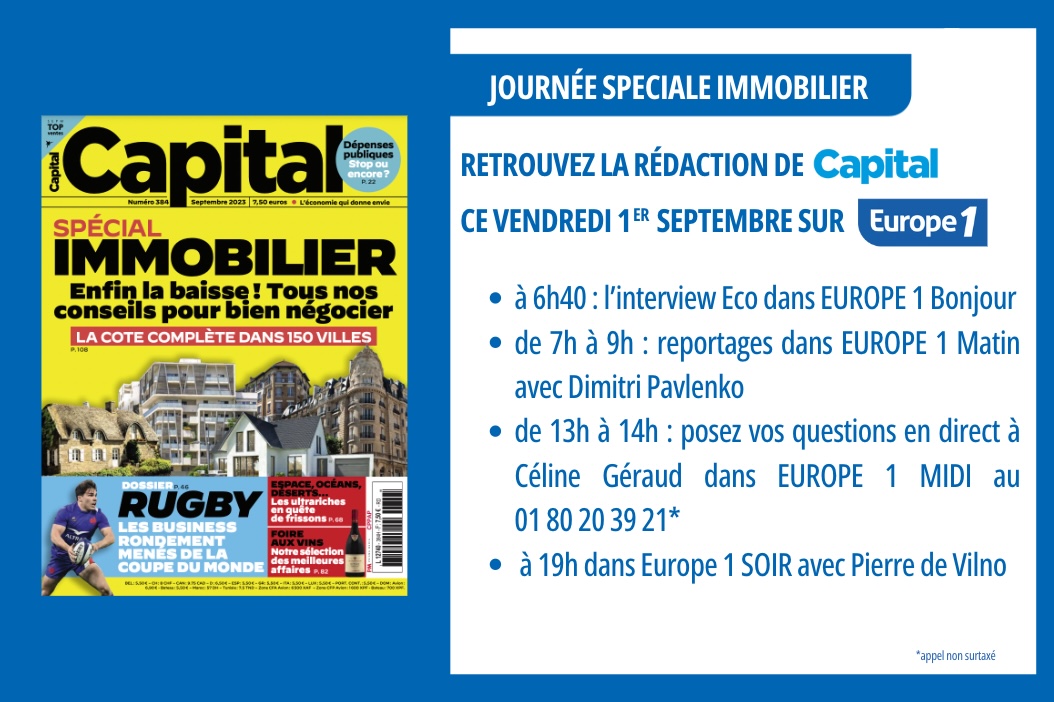 MagazineCapital's tweet photo. 📣 @MagazineCapital est partenaire d'@Europe1 ce vendredi 1er septembre pour une "Journée Spéciale Immobilier 🏘 " !
-6h40 : @EYKessler dans l'#InterviewEco de #Europe1Bonjour
- 19h : #Europe1Soir avec @Mi_Weinberg invitée de @Pierredevilno
Et des programmes dédiés tout au long de la journée. Alors à demain pour tout comprendre des marchés immobiliers !