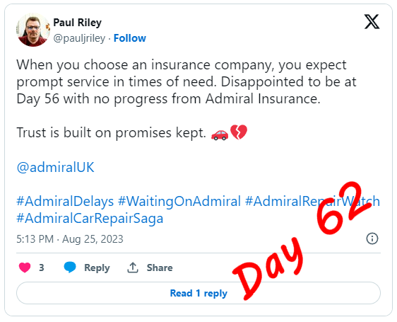pauljriley's tweet photo. Update on the #AdmiralInsuranceSaga: The green light for repairs is ON! Now, joining hands to pray to the god of supply chains. 

Hope the wait for parts isn't long. 🚗✨

@AdmiralUK 

#AdmiralRepairWatch #AdmiralCarRepairSaga https://t.co/6iksoPwyad