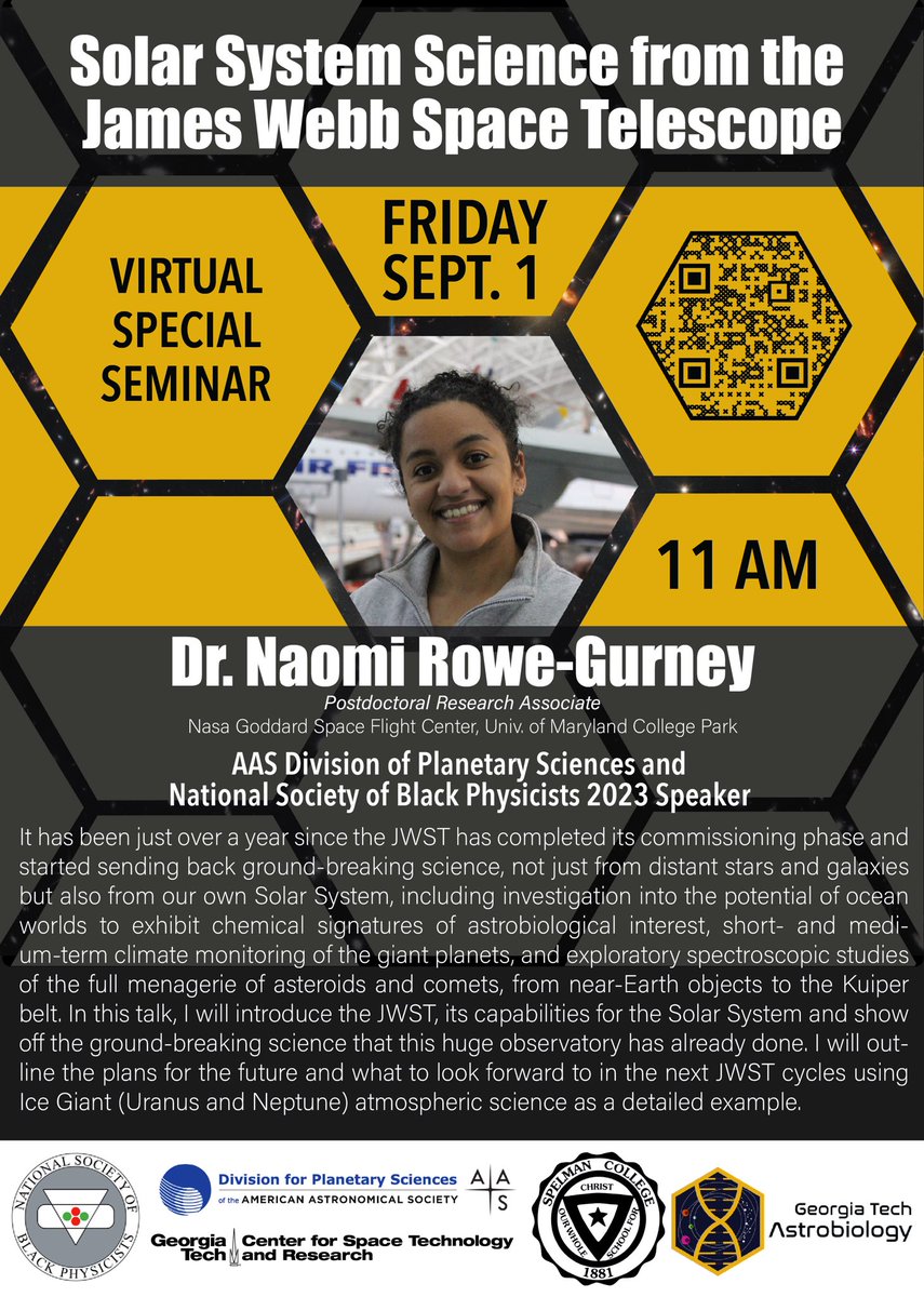 GT_ExplOrigins's tweet photo. Reminder: Join us tomorrow at 11 am EST for a virtual special seminar by @NRoweGurney on Solar System Science from the JWST organized by Georgia Tech Astrobiology in collaboration with Spelman College. Link for the webinar can be accessed through the QR code below! 🛰️ https://t.co/plB4mI9hp5