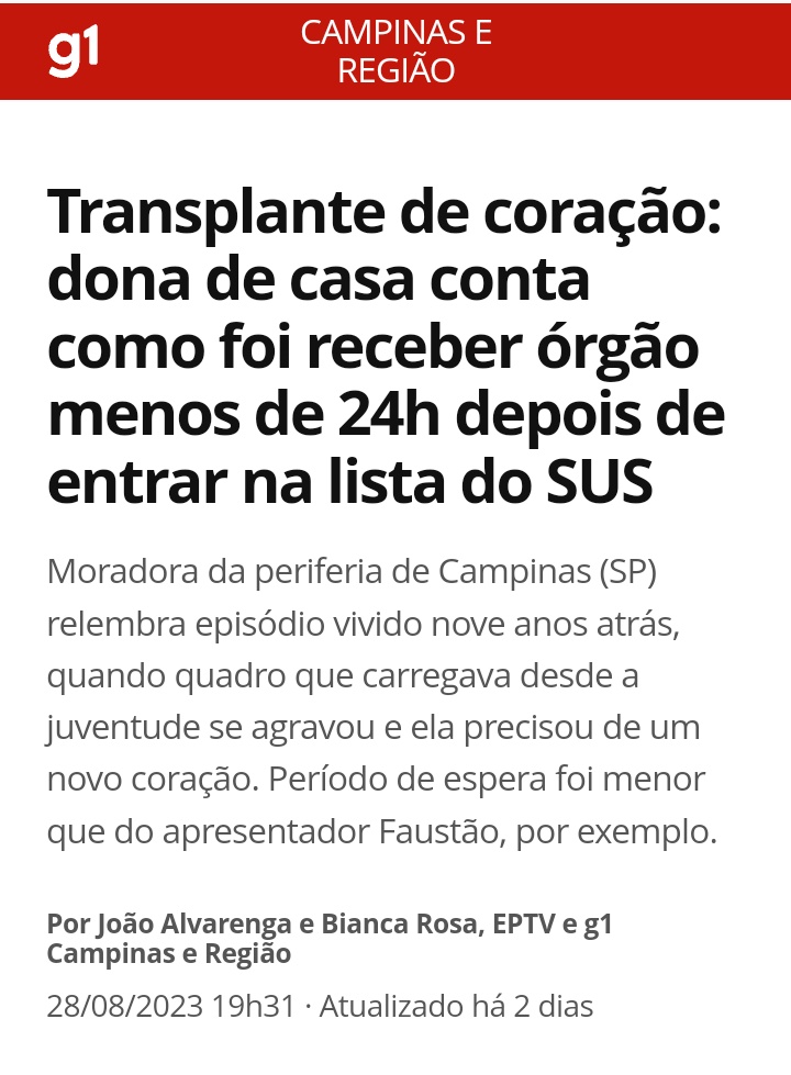 corrente_clara's tweet photo. "Até os médicos não acreditavam. Diziam que era a primeira pessoa a ganhar o coração com 17 horas. E tudo isso pelo SUS, lá no Instituto do Coração", destaca Maura.
#OrgulhoDoSUS #SUS https://t.co/eTANmsEwWK