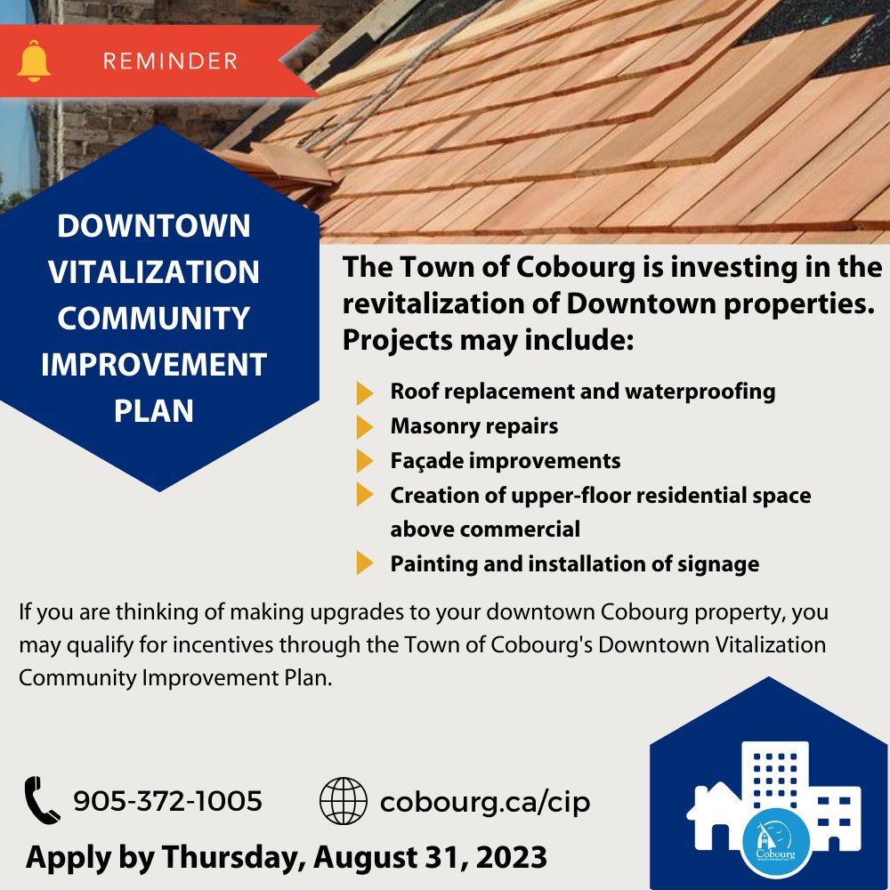 TownofCobourg's tweet photo. PLANNING AND DEVELOPMENT: Reminder, applications for the Community Improvement Plan (CIP) are due today - Thursday, August 31! 📢

👉 Visit https://t.co/9m6jXHfa7A to access the online forms and view the application checklists. https://t.co/yVkSda19ql