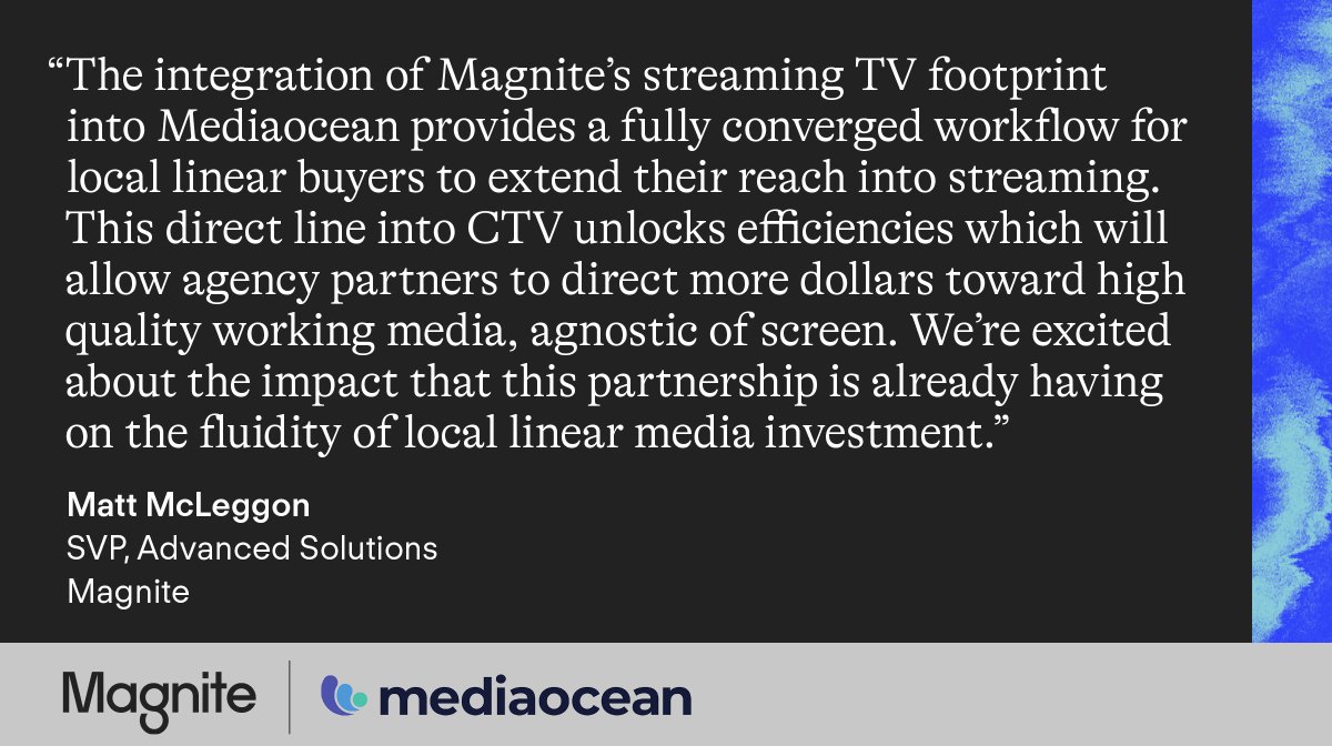 Excited to announce our latest partnership with <a href="/TeamMediaocean/">Mediaocean</a>, which provides direct access to streaming and CTV inventory for local linear buyers. Read more here: magnite.com/press/magnite-…