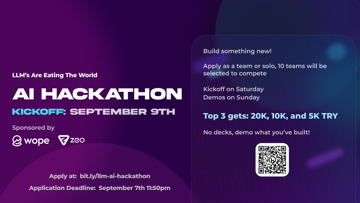 📣 Yapay zekanın geleceği burada! Zeo ve Wope'un ana sponsoru olduğu Türkiye'nin ilk Generative AI Hackathon'unda ve LLM'ler ile birlikte çığır açan projelere imza atılacak.

✨ Öğrenci, developer, mühendis veya tasarımcı olmanız fark etmez! Yeteneklerinizi sergileme ve yapay