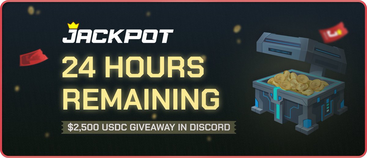 ⌛️24 HOURS REMAINING until our next $2,500 USDC giveaway. Make sure to join our Discord Server and connect to the Jackpot Bot to be eligible!