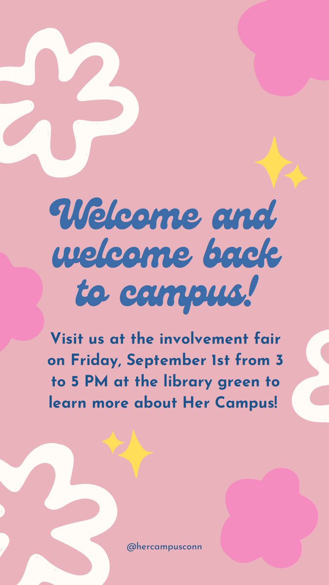 hercampusconn's tweet photo. welcome and welcome back friends! 🌸 please visit us at the involvement fair this Friday to learn more about @hercampus ! #hercampus #hercampuschapter #hercampusconn #connecticutcollege #conncoll #welcome #involvementfair https://t.co/JSlD38loG4