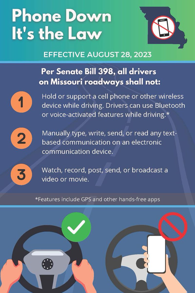 cjcribb's tweet photo. Attention to all my MO Drivers (&amp; great REALTOR friends), Missouri's Hands-Free Law is in effect as of 8/28📷📷📷
Let's save a few lives through paying attention to the road...
For more information on distracted driving visit: https://t.co/f0LenmjLC4 https://t.co/ZaF27Vpwns