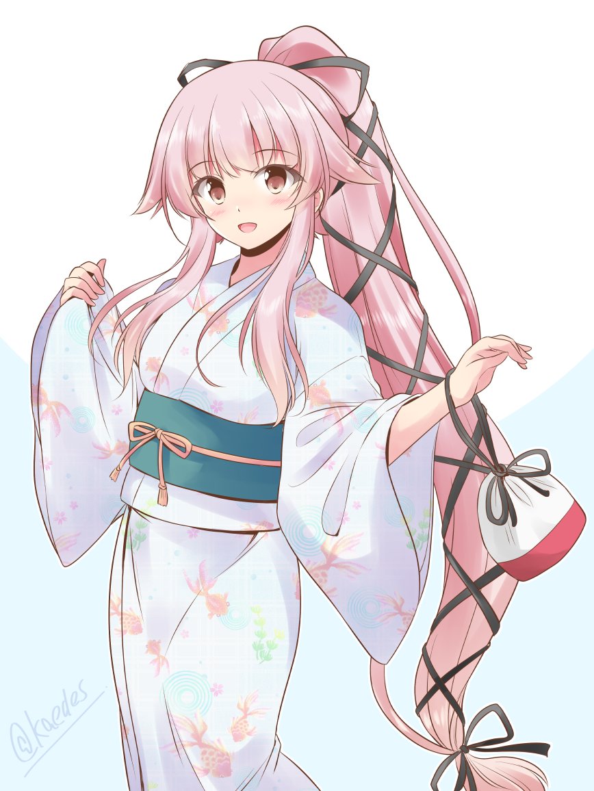 yura (kancolle) 1girl long hair japanese clothes solo kimono pink hair ponytail  illustration images