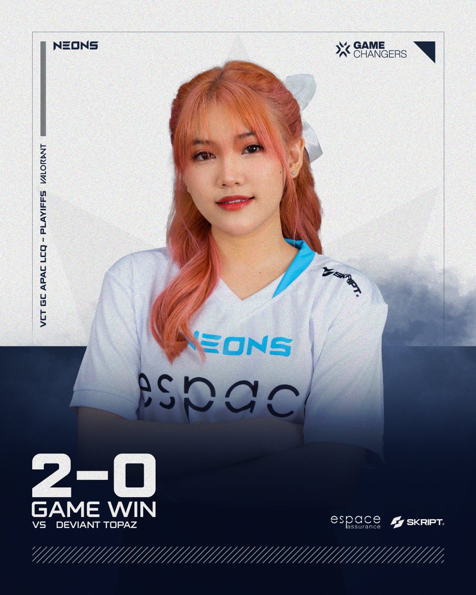 ⚪️ VCT Game Changer APAC LCQ - Playoffs

We take the game 2-0 after a convincing 13-2 win on Pearl and 13-6 on bind. 

Tomorrow we will be playing against the winner of The Hero KDA or BOTT in the upper semi-final 💪#NeonsFigthing