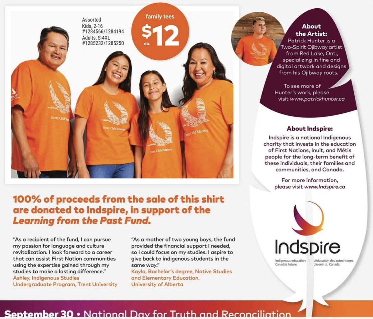 Thrilled to see this ad @GTboutique Giant Tiger: A store NOT profiting from Orange Shirt Day, Sept. 30,
but honouring the past and donating 100% of the proceeds to @Indspire 'Our vision is to enrich Canada through Indigenous education and by inspiring achievement.'