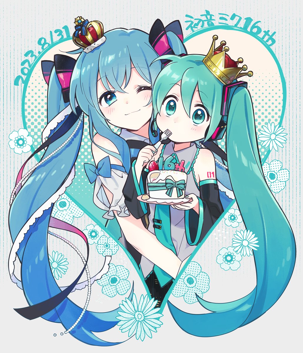 hatsune miku 2girls multiple girls food one eye closed dual persona twintails long hair  illustration images