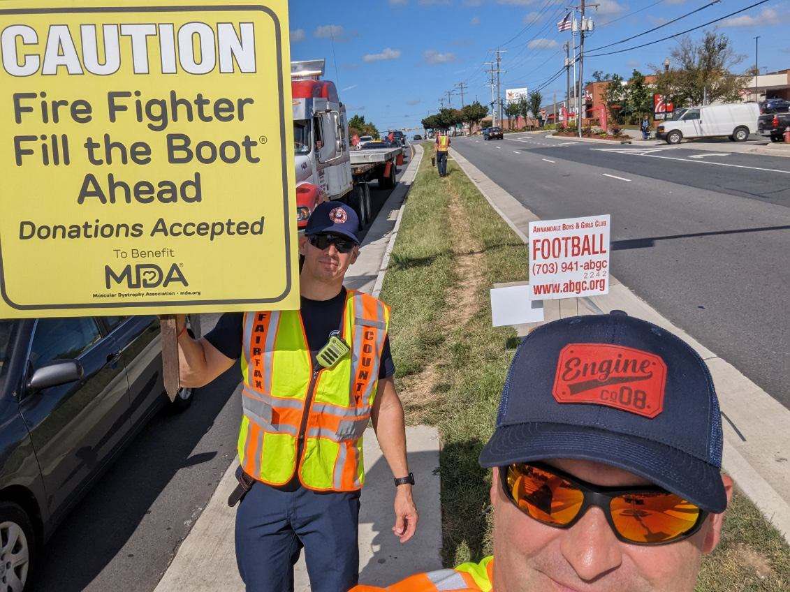 #Firefighters from <a href="/ffxfirerescue/">Fairfax County Fire/Rescue</a> Station 8 in #Annandale are out collecting #FillTheBoot at 236 and John Marr Dr.  Stop by, say hi and help us raise money for <a href="/MDAorg/">Muscular Dystrophy Association</a>