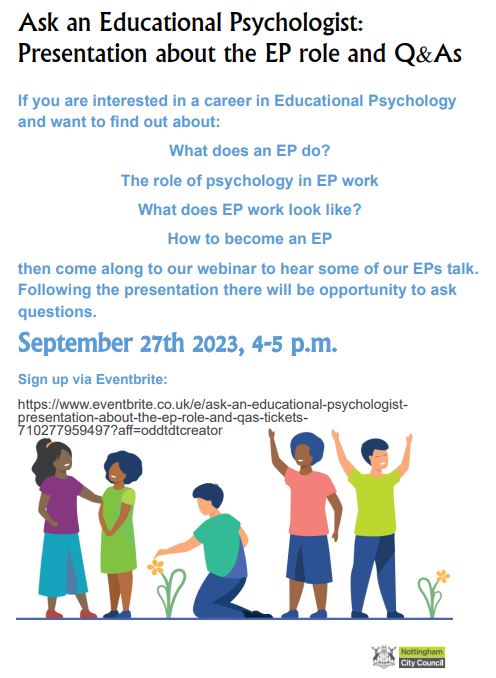 nottm_eps's tweet photo. Want to find out more about becoming an EP, what the role is like and have opportunity to ask some EPs questions?  Come to our Webinar! #Educationalpsychology https://t.co/z2PSsau4Xr