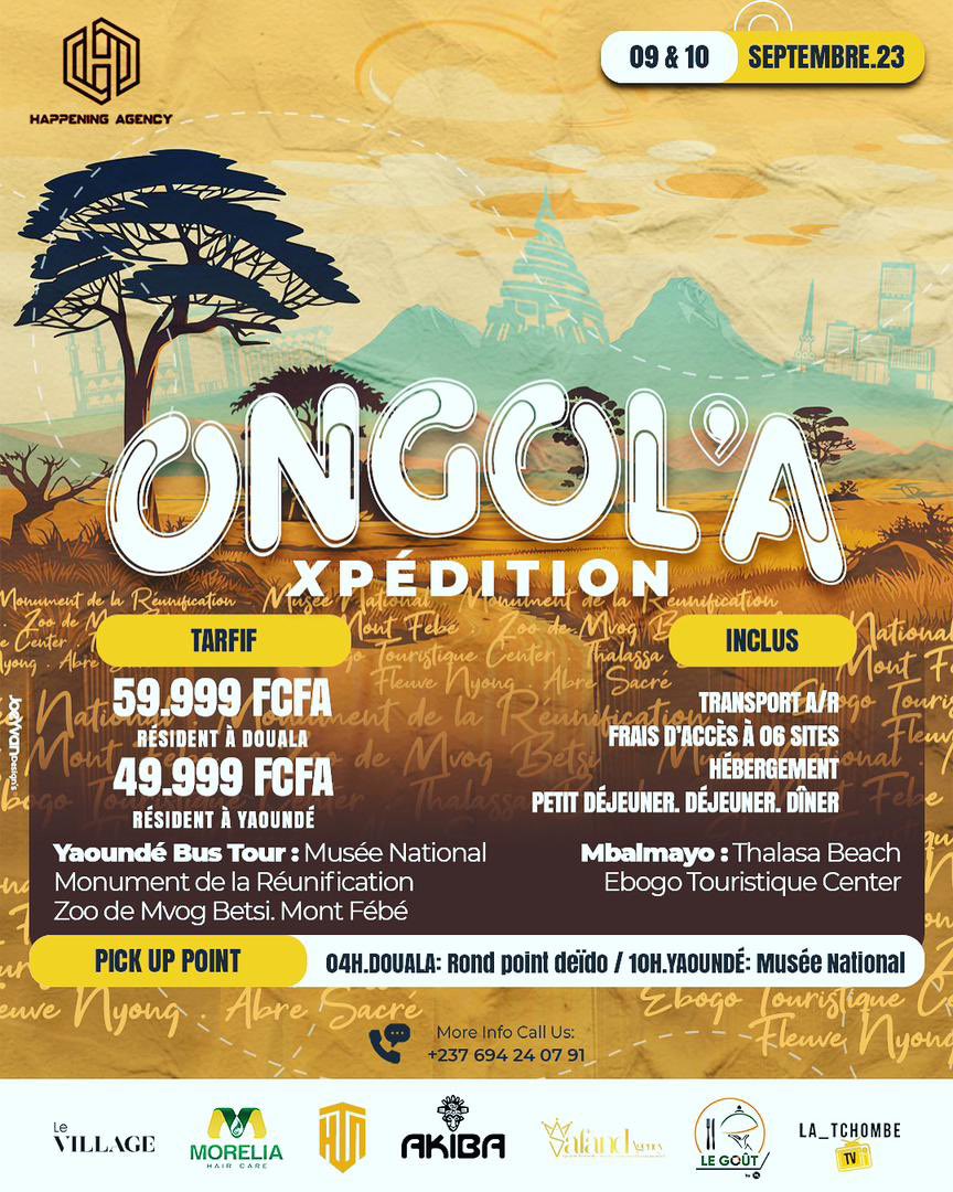 #Randonée 📌

💡 Ongola Xpédition 

🗓️ 09 et 10 Septembre 2023 

💰 59.999 fcfa résidant Douala 
       49.999 fcfa résidant Yaoundé

⌚ Point de depart : 10h Yaoundé, musée National / 04 h rond point Deido 

📲 +237 694.24.07.91

#VisiteTouristique
#ActuEventDeFifi