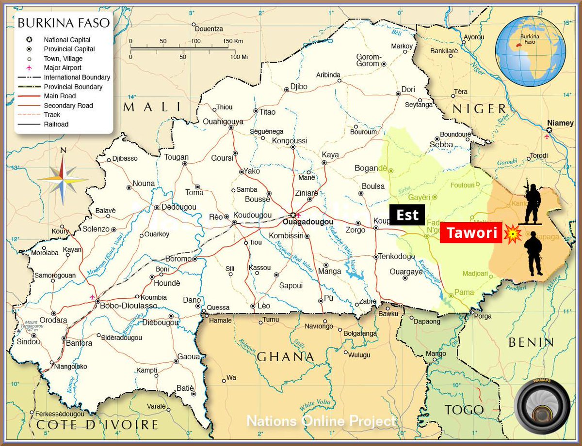 Wamaps_news's tweet photo. #Burkina 🇧🇫 | 30/08 vers 5h, des terroristes de la Katiba Hanifa (#JNIM) ont attaqué le détachement #FDS de #Tawori (#Tapoa, #Est). La vaillance des #FDS a limité le bilan.
🔴 3 soldats tombés et 6 blessés.
⚫ 1 terroriste neutralisé.
🔵 dégâts matériels importants. https://t.co/xBpi9VPh7G