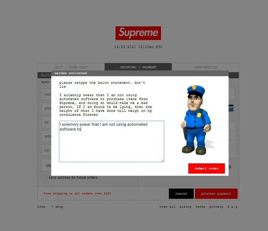 First look at Supreme's bot protection today 👀🤫