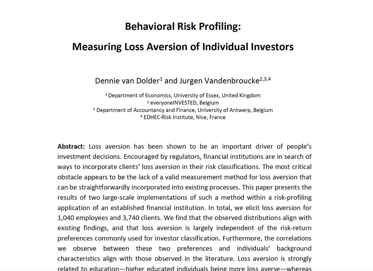🚨Updated version of our paper "Behavioral Risk Profiling: Measuring Loss Aversion of Individual Investors".  Super short summary: we implement a theoretically valid measurement method for loss aversion in a real risk profiling application of a bank. Longer summary below  👇