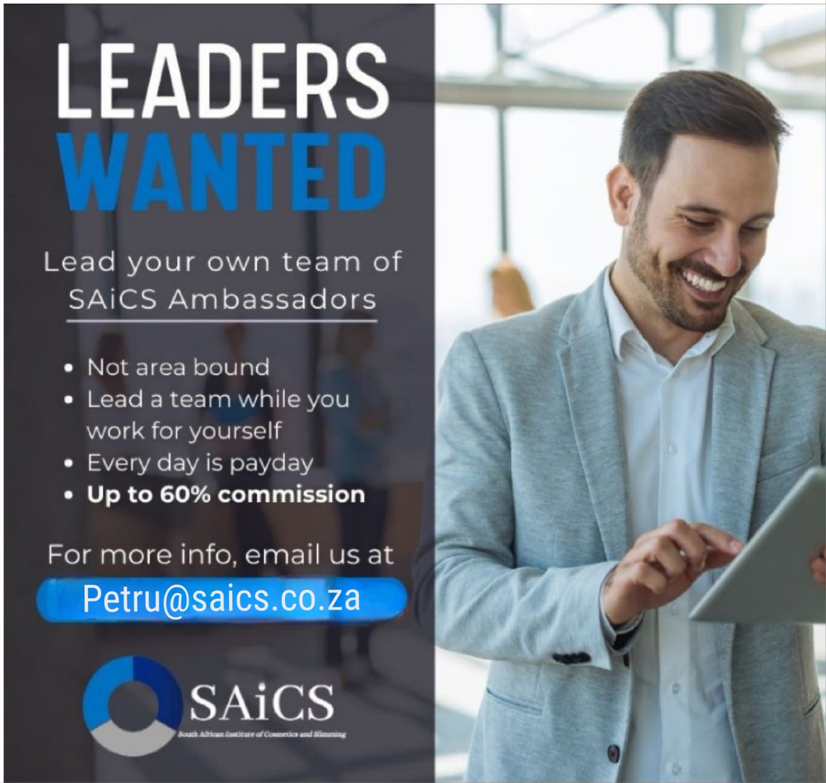 petrujens's tweet photo. Always dreamed of having your own business? 
This is your change -  NO start up costs 
No experience needed - training provided 
Contact me for more information 
Petru@saics.co.za
#Saics #SaisTY #AgentsWanted #workfromhome #workanywhere #startyourownbusiness #expandyourbusiness https://t.co/RNst9rhkT5