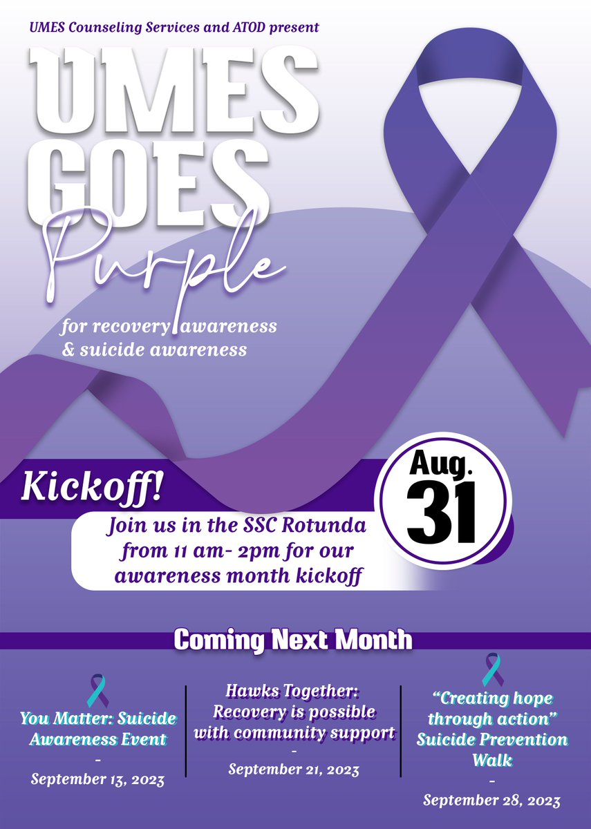 UMESCounseling's tweet photo. Today is International Overdose Awareness Day.  Join ATOD and Counseling Services as we kickoff UMES Goes Purple. #IOAD2023#UMESATOD#UMESNEWS https://t.co/0c86c6odSI