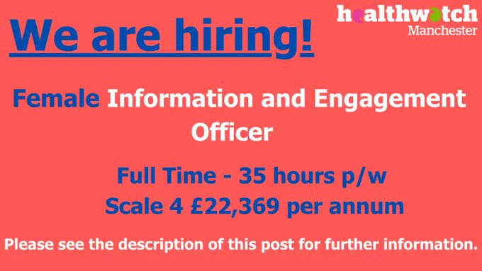 Healthwatch Manchester are recruiting for a position within their Central Manchester based team. 

For more info & application form please head over to their website: healthwatchmanchester.co.uk/work-us @HealthWatchMcr #Jobs #recruitment