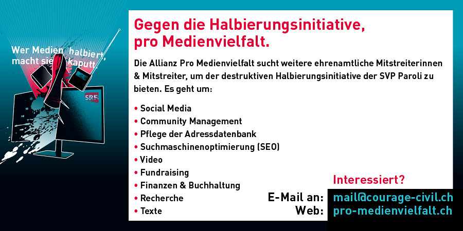 Die #Halbierungsinitiative ist eine perfide Attacke auf den medialen Service public. Wir halten schon jetzt dagegen. Mach mit in unserem Team! Danke im Voraus für RT &amp; fürs Weitersagen.
pro-medienvielfalt.ch/wir-kaempfen-f…
#ProMedienvielfalt #SRG #StärkenSTATThalbieren #Servicepublic