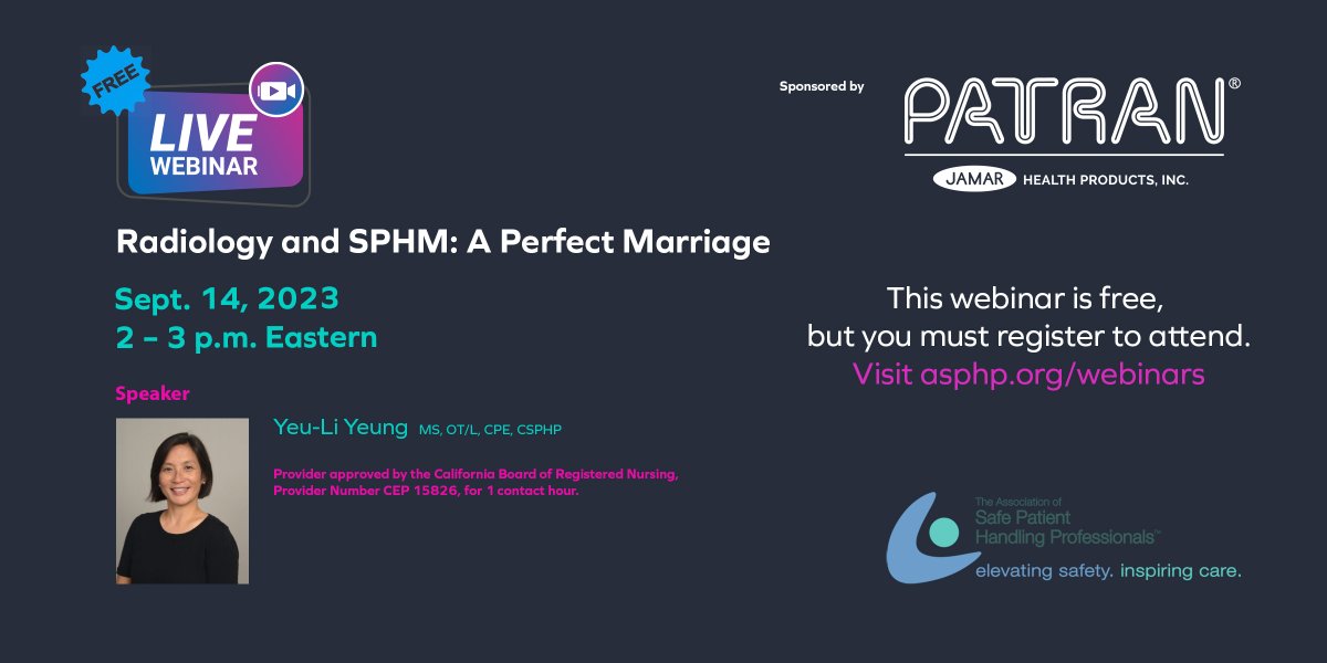 Jamar_Health's tweet photo. We are proud to make the @ASPHP4 Sept. 14 webinar, presented by #ASPHP board member Yeu-Li Yeung of @DukeHealth, free for all attendees. Learn about #SPHM practices in radiology. You must register. https://t.co/vivbz587Mx #slidetosafety @ASRT @ahraonline @arinursing_org @RSNA https://t.co/AF1D28Vnh9
