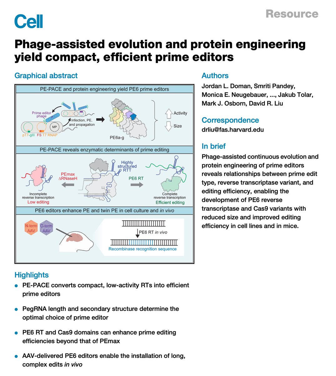 David R. Liu (@davidrliu) on Twitter photo Today we report in <a href="/CellCellPress/">Cell</a> a suite of engineered and PACE-evolved prime editor variants PE6a-g. These new prime editors improve the activity, in vivo deliverability, and in vivo editing efficiency of prime editing.
sciencedirect.com/science/articl…
PDF:drive.google.com/file/d/11959ct…
(1/15) Today we report in <a href="/CellCellPress/">Cell</a> a suite of engineered and PACE-evolved prime editor variants PE6a-g. These new prime editors improve the activity, in vivo deliverability, and in vivo editing efficiency of prime editing.
sciencedirect.com/science/articl…
PDF:drive.google.com/file/d/11959ct…
(1/15)