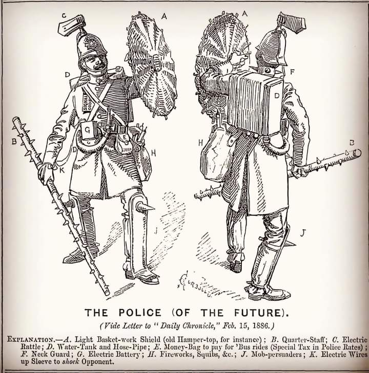 LaocoonofTroy's tweet photo. 1886 edition of "Punch" magazine, showing “The Police of the Future," armed with wicker shields, spiked quarterstaffs, armor, water tanks, and "mob persuaders" (j). https://t.co/26IrldCPlC