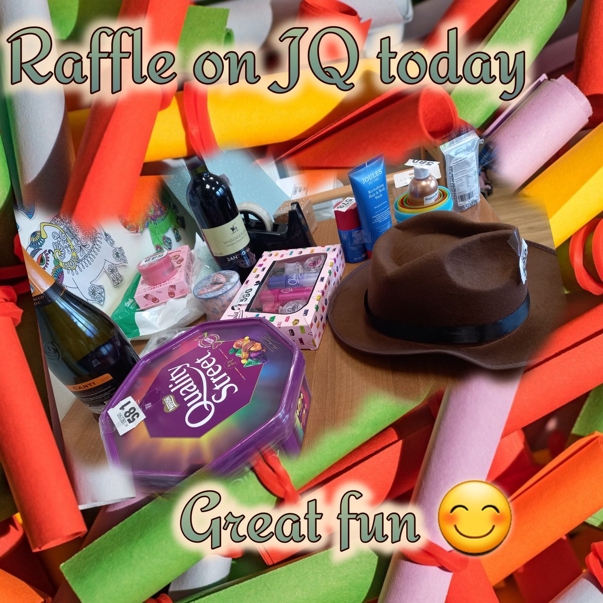 JimQuickMFT's tweet photo. A little raffle on Jim Quick today, 🤪 fun and joy, #givingisgood #givingishealing #helpershigh and yes that is a fedora you can see in the bounty of donated prizes #IndianaJones With thanks to patients and learner Chloe for helping to pick the numbers😃 @julesyjuu @krisbailey3 https://t.co/S89xPpx7ql