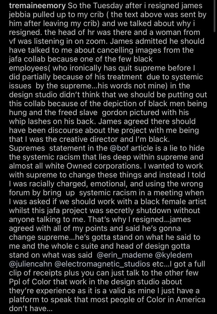 ComplexStyle's tweet photo. Tremaine Emory speaks on his resignation from Supreme. 

“I wanted to work with Supreme to change these things and instead I was told I was racially charged, emotional, and using the wrong forum by bringing up systemic racism in a meeting…”

📝 via IG/tremaineemory https://t.co/qu3Dw0cSSg