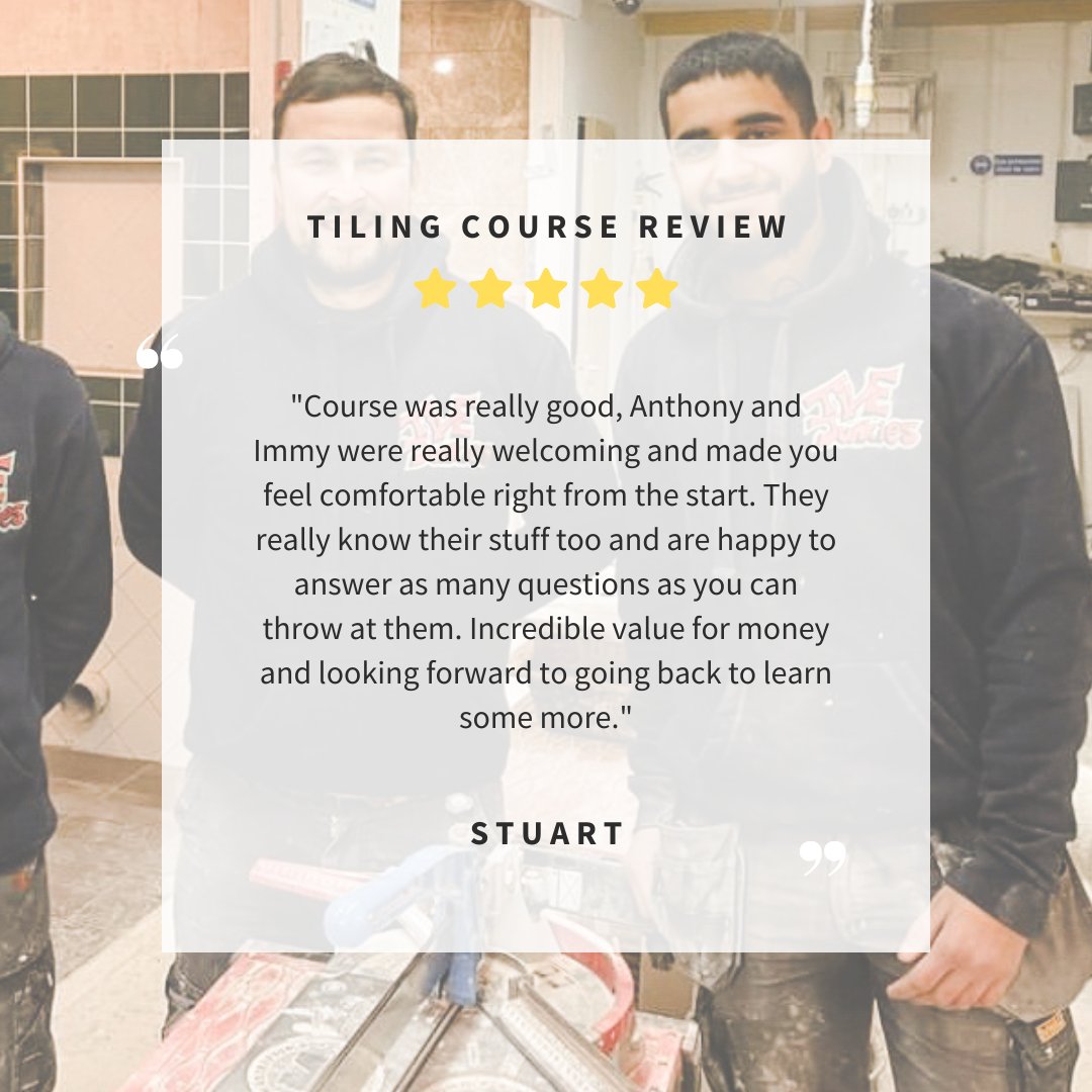 tradestraining1's tweet image. Another 5-star review just in for our Tiling courses 💥

Take a look at our courses here: tradestraining.co.uk/tiling-courses/

#LearnTiling