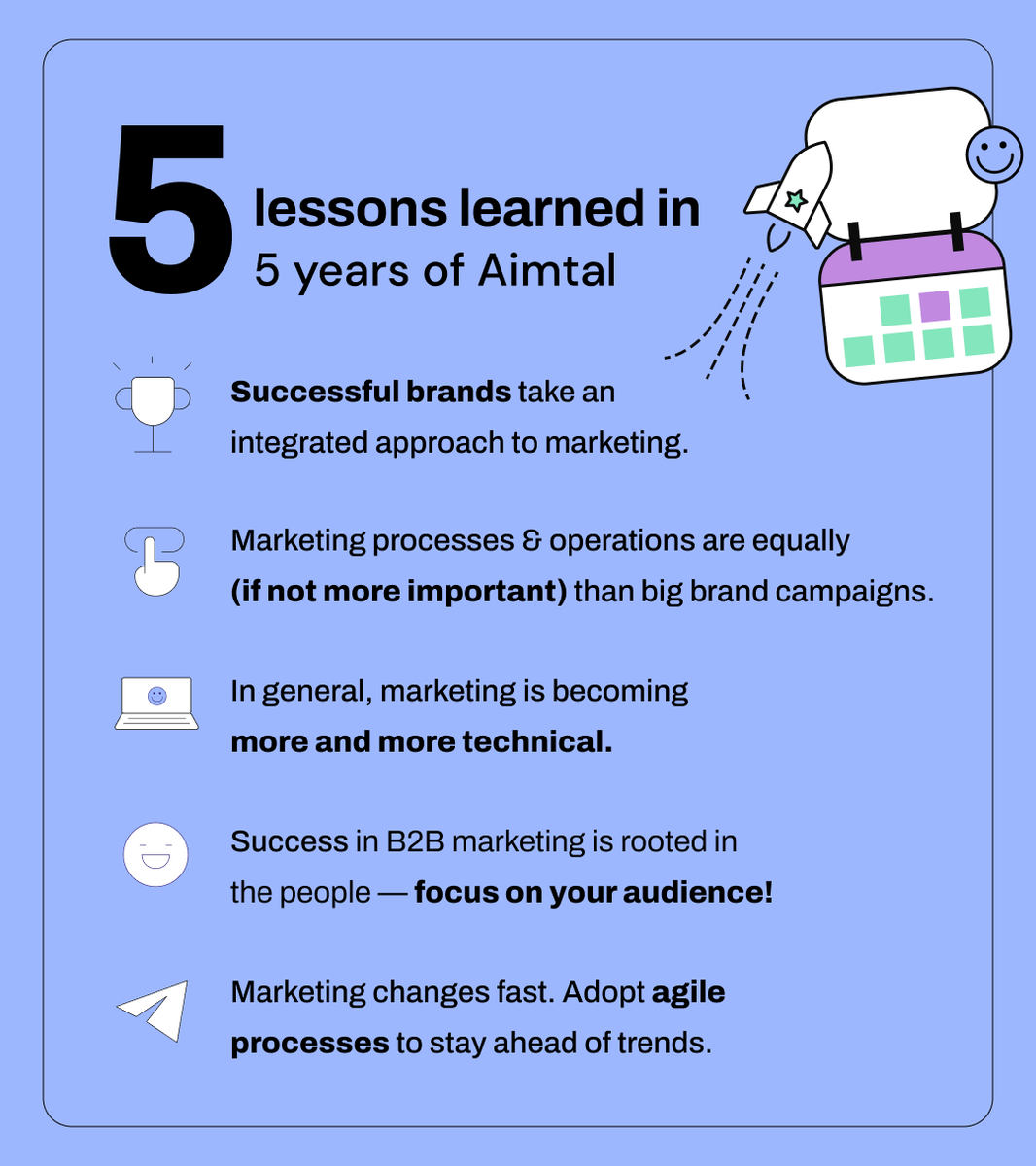 aimtal_co's tweet photo. August marked 5 years that Aimtal has been in business 🙌

Our CEO &amp; Co-Founder, @meshymind, shares her top 5 #marketing lessons learned while leading Aimtal and working with our clients.

What’s the biggest marketing lesson you’ve learned in your career? https://t.co/vEee11UWCO