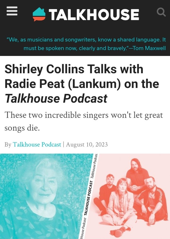 Listen to @Raydeepeet's conversation with the legendary @shirleyeCollins on the @Talkhouse podcast. Thoroughly fascinating chats about discovering new songs, the genius of Davey Graham and hating jazz. The last 30 seconds may also make you cry... talkhouse.com/shirley-collin…
