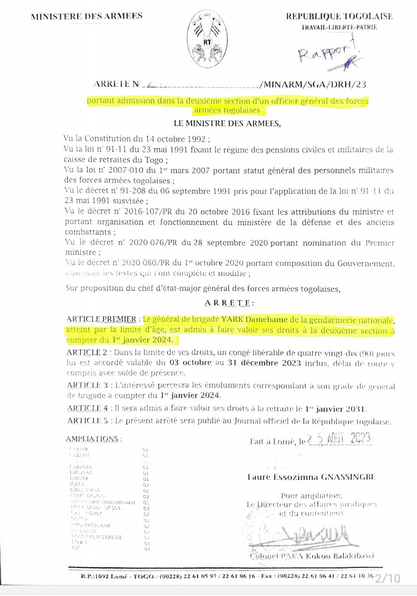 Vague de retraite annoncée dans l' #armée #togo -laise. Parmi les concernés, le ministre de la Sécurité en poste depuis 11 ans, et l'ex-chef d'Etat major démis en décembre dernier (en meme temps que la ministre des Armées).